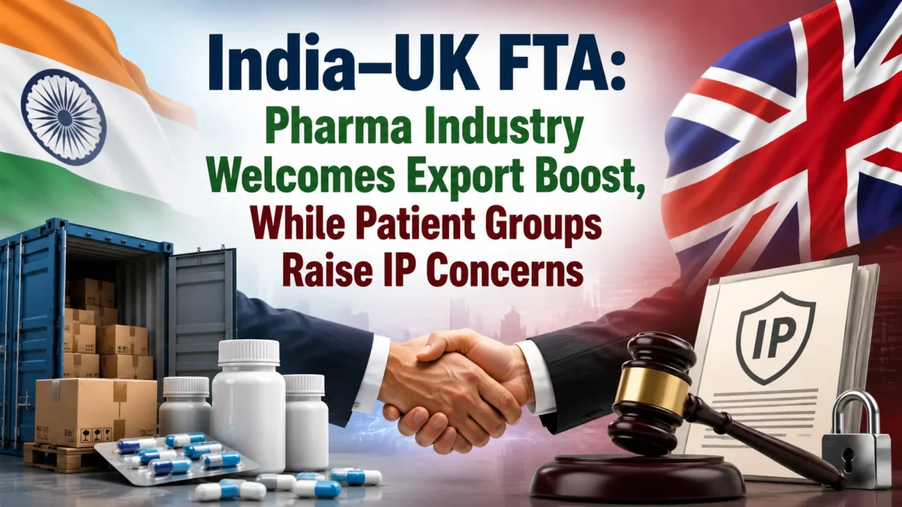 India–UK FTA thumbnail showing Indian and UK flags, pharmaceutical medicines, export shipping containers, handshake, and intellectual property (IP) document highlighting pharma exports and IP concerns.