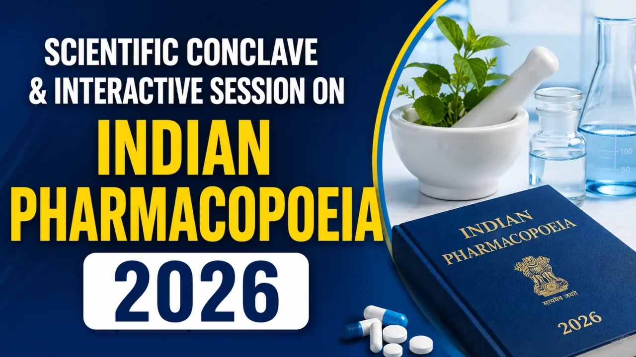 Scientific Conclave & Interactive Session on Indian Pharmacopoeia 2026 thumbnail featuring the Indian Pharmacopoeia book, laboratory glassware, medicinal plant, and pharmaceutical research theme.