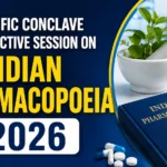 Scientific Conclave & Interactive Session on Indian Pharmacopoeia 2026 thumbnail featuring the Indian Pharmacopoeia book, laboratory glassware, medicinal plant, and pharmaceutical research theme.