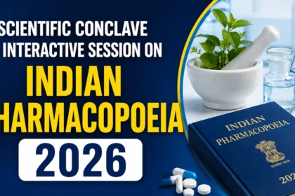 Scientific Conclave & Interactive Session on Indian Pharmacopoeia 2026 thumbnail featuring the Indian Pharmacopoeia book, laboratory glassware, medicinal plant, and pharmaceutical research theme.