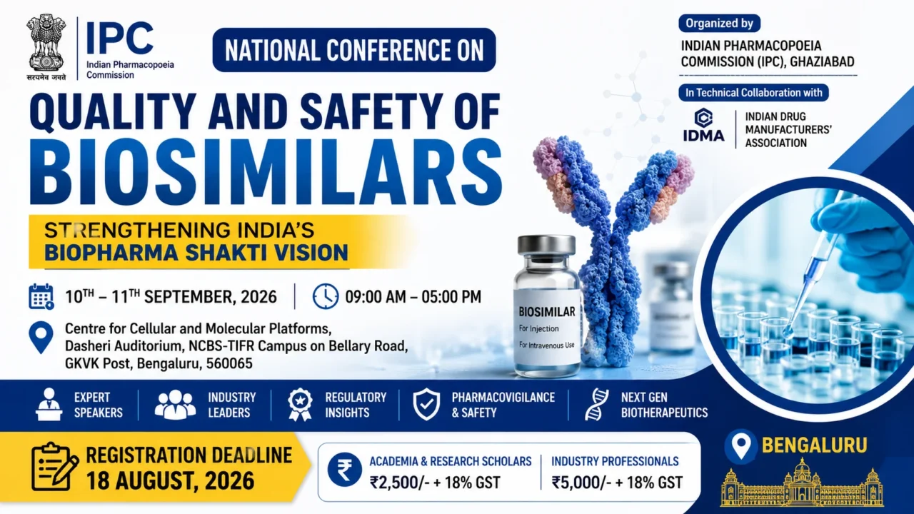 Promotional banner for the IPC National Conference on Quality and Safety of Biosimilars 2026, featuring conference dates, venue, registration deadline, biosimilar vial, laboratory research, and Biopharma SHAKTI Vision.