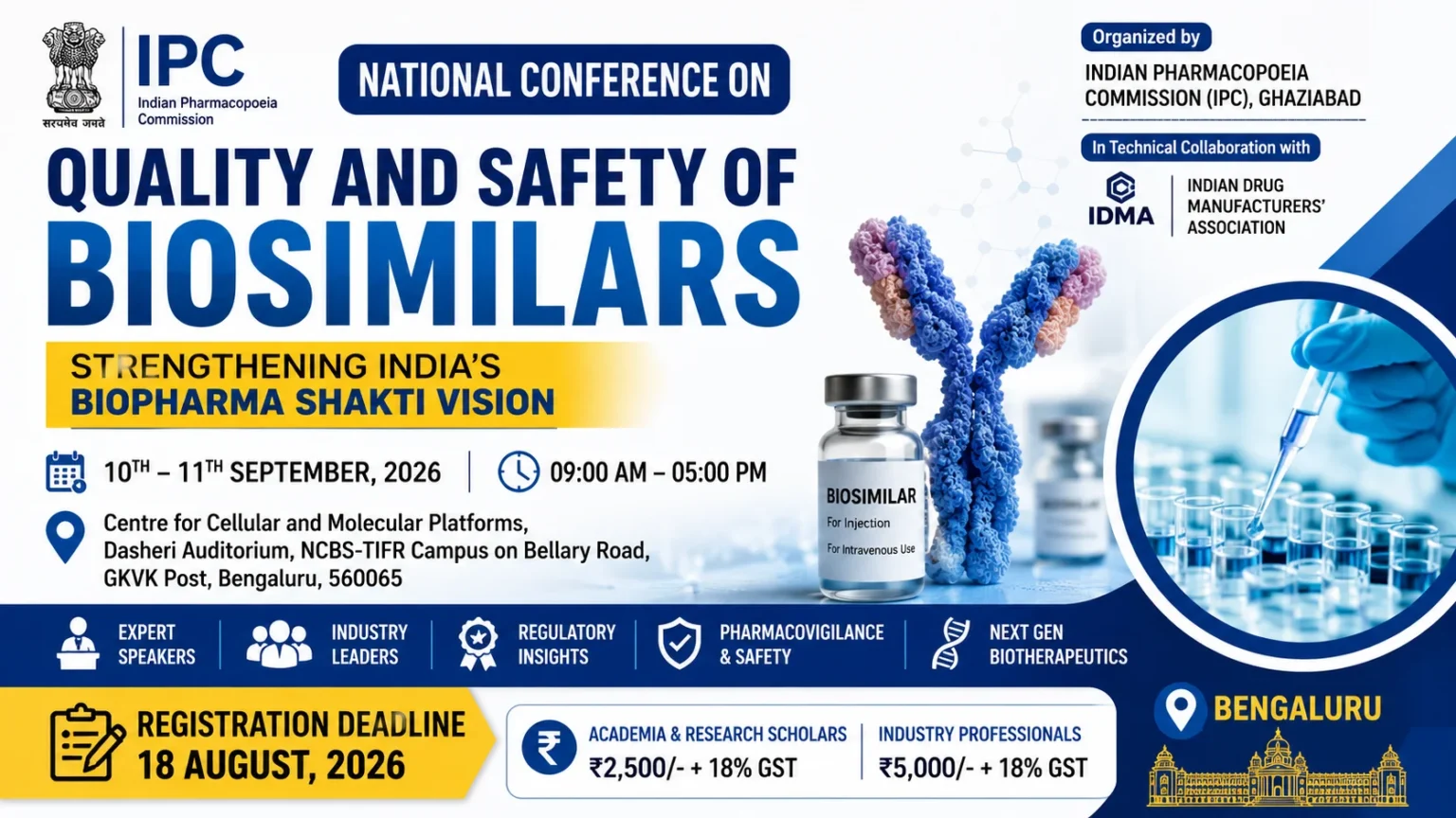 Promotional banner for the IPC National Conference on Quality and Safety of Biosimilars 2026, featuring conference dates, venue, registration deadline, biosimilar vial, laboratory research, and Biopharma SHAKTI Vision.