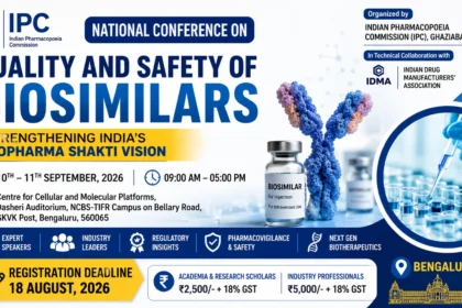 Promotional banner for the IPC National Conference on Quality and Safety of Biosimilars 2026, featuring conference dates, venue, registration deadline, biosimilar vial, laboratory research, and Biopharma SHAKTI Vision.
