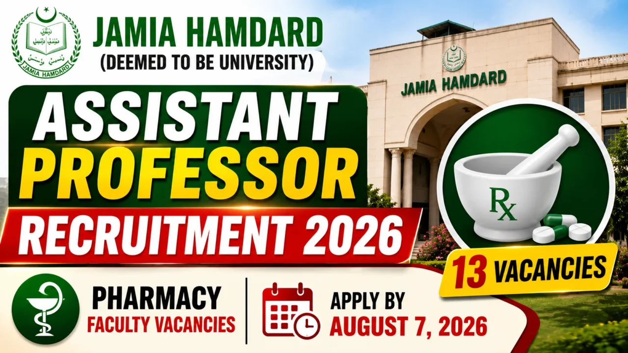 Jamia Hamdard Assistant Professor Recruitment 2026 YouTube thumbnail featuring the Jamia Hamdard campus, university logo, pharmacy symbol, and highlighting 13 Assistant Professor vacancies in the School of Pharmaceutical Education & Research.