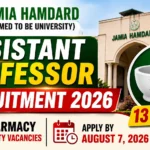 Jamia Hamdard Assistant Professor Recruitment 2026 YouTube thumbnail featuring the Jamia Hamdard campus, university logo, pharmacy symbol, and highlighting 13 Assistant Professor vacancies in the School of Pharmaceutical Education & Research.