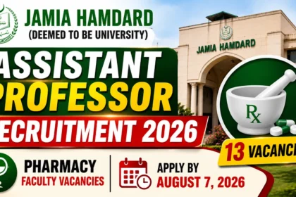 Jamia Hamdard Assistant Professor Recruitment 2026 YouTube thumbnail featuring the Jamia Hamdard campus, university logo, pharmacy symbol, and highlighting 13 Assistant Professor vacancies in the School of Pharmaceutical Education & Research.