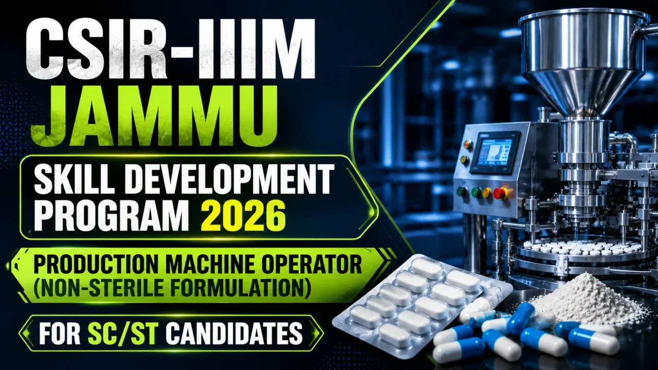 Dark-themed YouTube thumbnail for the CSIR-IIIM Jammu Skill Development Program 2026, featuring a pharmaceutical production machine, tablets and capsules, and highlighting the Production Machine Operator (Non-Sterile Formulation) training program for SC/ST candidates.