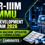 Dark-themed YouTube thumbnail for the CSIR-IIIM Jammu Skill Development Program 2026, featuring a pharmaceutical production machine, tablets and capsules, and highlighting the Production Machine Operator (Non-Sterile Formulation) training program for SC/ST candidates.