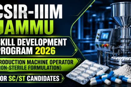 Dark-themed YouTube thumbnail for the CSIR-IIIM Jammu Skill Development Program 2026, featuring a pharmaceutical production machine, tablets and capsules, and highlighting the Production Machine Operator (Non-Sterile Formulation) training program for SC/ST candidates.