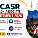 16:9 recruitment banner for JNCASR Research Associate Recruitment 2026 featuring JNCASR logo, Bengaluru campus image, M.Pharm eligibility, last date 10 August 2026, one vacancy, and Apply Now call-to-action with email application details.