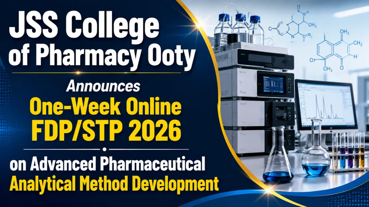 JSS College of Pharmacy Ooty announces One-Week Online FDP/STP 2026 on Advanced Pharmaceutical Analytical Method Development with HPLC laboratory instruments and analytical research setup.