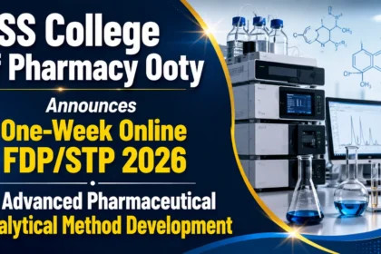 JSS College of Pharmacy Ooty announces One-Week Online FDP/STP 2026 on Advanced Pharmaceutical Analytical Method Development with HPLC laboratory instruments and analytical research setup.