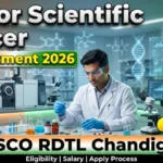 Junior Scientific Officer Recruitment 2026 thumbnail showing CDSCO RDTL Chandigarh laboratory, scientist working in a drug testing lab, and new vacancy announcement.