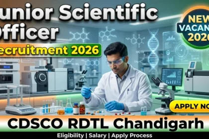 Junior Scientific Officer Recruitment 2026 thumbnail showing CDSCO RDTL Chandigarh laboratory, scientist working in a drug testing lab, and new vacancy announcement.