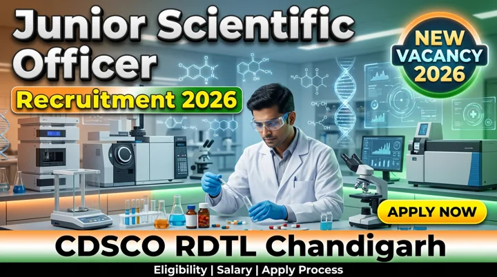 Junior Scientific Officer Recruitment 2026 thumbnail showing CDSCO RDTL Chandigarh laboratory, scientist working in a drug testing lab, and new vacancy announcement.
