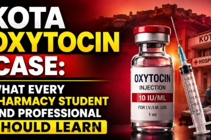 YouTube thumbnail about the Kota Oxytocin Case featuring an oxytocin injection vial, syringe, hospital background, and bold text highlighting key lessons for pharmacy students and professionals.