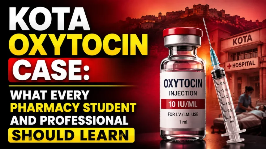 YouTube thumbnail about the Kota Oxytocin Case featuring an oxytocin injection vial, syringe, hospital background, and bold text highlighting key lessons for pharmacy students and professionals.