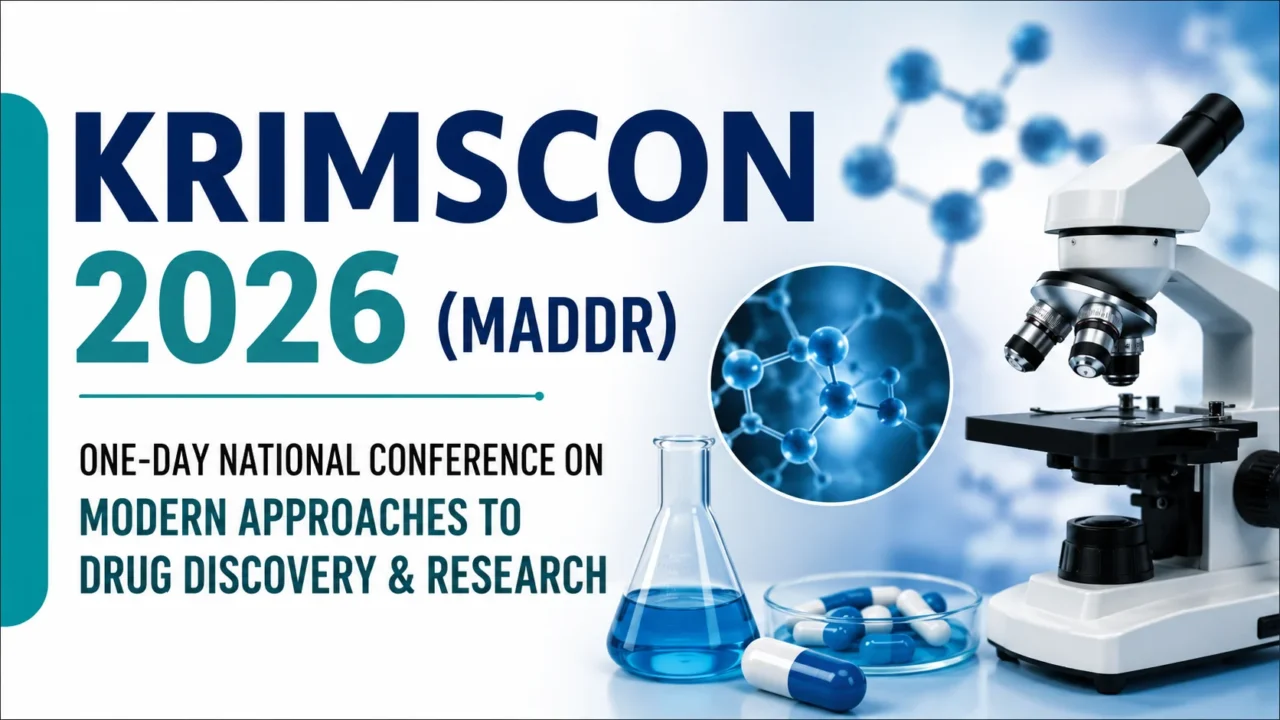 KRIMSCON 2026 (MADDR) One-Day National Conference on Modern Approaches to Drug Discovery & Research promotional thumbnail featuring a microscope, molecular structure, laboratory flask, and pharmaceutical research theme.