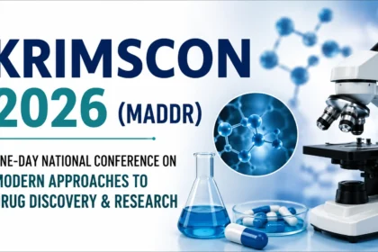 KRIMSCON 2026 (MADDR) One-Day National Conference on Modern Approaches to Drug Discovery & Research promotional thumbnail featuring a microscope, molecular structure, laboratory flask, and pharmaceutical research theme.