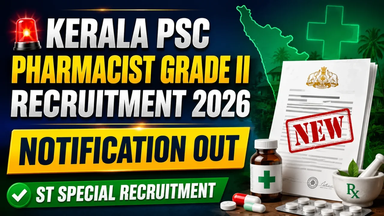 Kerala PSC Pharmacist Grade II Recruitment 2026 Notification Out YouTube thumbnail featuring a government notification document, Kerala map, pharmacy symbols, and bold recruitment announcement for ST Special Recruitment.