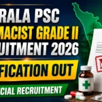 Kerala PSC Pharmacist Grade II Recruitment 2026 Notification Out YouTube thumbnail featuring a government notification document, Kerala map, pharmacy symbols, and bold recruitment announcement for ST Special Recruitment.