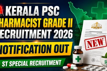 Kerala PSC Pharmacist Grade II Recruitment 2026 Notification Out YouTube thumbnail featuring a government notification document, Kerala map, pharmacy symbols, and bold recruitment announcement for ST Special Recruitment.