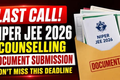 YouTube thumbnail for NIPER JEE 2026 counselling showing a bold "LAST CALL!" alert with document submission theme, envelope containing counselling documents, and deadline reminder.