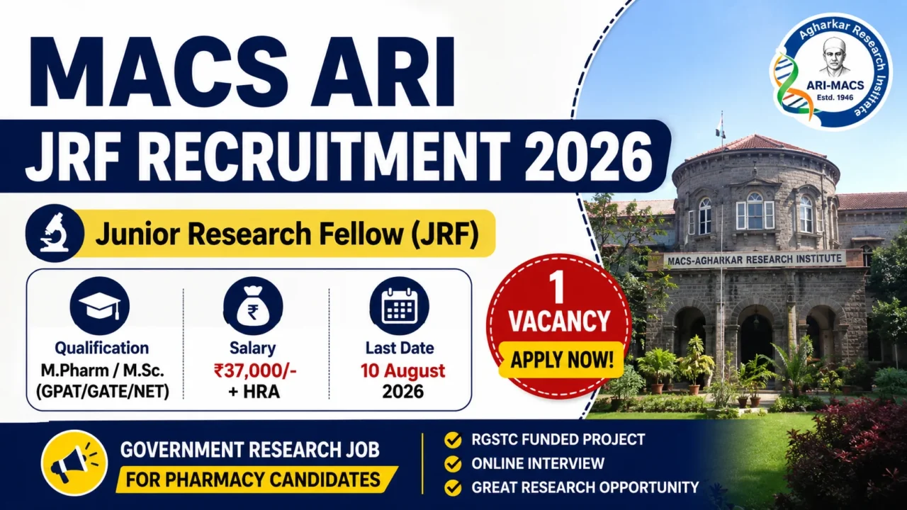 MACS ARI JRF Recruitment 2026 thumbnail showing Junior Research Fellow vacancy for M.Pharm and M.Sc candidates with ₹37,000 salary, one vacancy, and last date 10 August 2026.