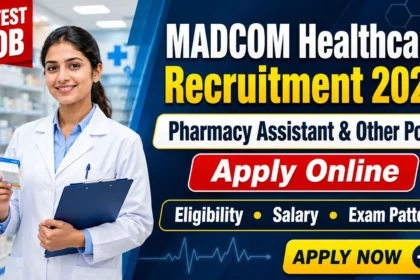MADCOM Healthcare Recruitment 2026 YouTube thumbnail for Pharmacy Assistant and Other Posts with Apply Online, Eligibility, Salary, and Exam Pattern.