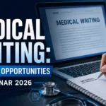 Professional YouTube thumbnail for a Medical Writing webinar featuring a laptop displaying a medical writing document, a person writing notes in a notebook, a stethoscope, and healthcare icons on a dark blue background. Large bold text reads "Medical Writing: Jobs and Opportunities Webinar 2026."