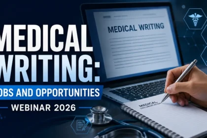 Professional YouTube thumbnail for a Medical Writing webinar featuring a laptop displaying a medical writing document, a person writing notes in a notebook, a stethoscope, and healthcare icons on a dark blue background. Large bold text reads "Medical Writing: Jobs and Opportunities Webinar 2026."