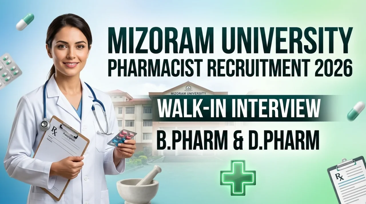 Mizoram University Pharmacist Recruitment 2026 YouTube thumbnail featuring a pharmacist, Mizoram University campus, Walk-in Interview, and B.Pharm & D.Pharm eligibility.