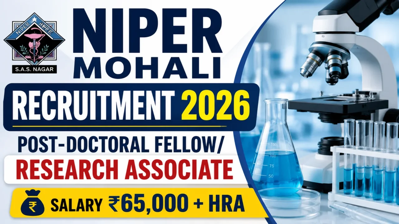 NIPER Mohali Recruitment 2026 thumbnail featuring a laboratory microscope, scientific glassware, and recruitment announcement for the Post-Doctoral Fellow/Research Associate position with a salary of ₹65,000 + HRA.