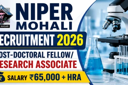 NIPER Mohali Recruitment 2026 thumbnail featuring a laboratory microscope, scientific glassware, and recruitment announcement for the Post-Doctoral Fellow/Research Associate position with a salary of ₹65,000 + HRA.