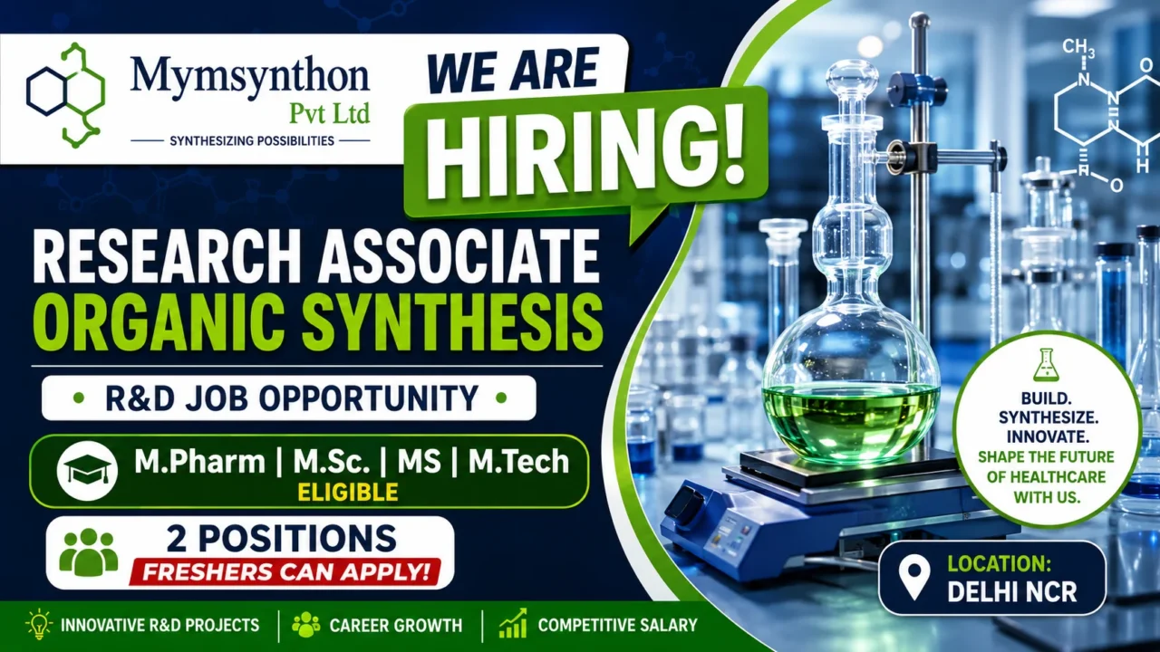 Mymsynthon Research Associate Recruitment 2026 thumbnail highlighting Organic Synthesis R&D jobs for M.Pharm and M.Sc. candidates with laboratory glassware and hiring announcement.