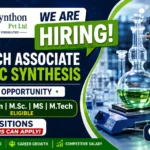 Mymsynthon Research Associate Recruitment 2026 thumbnail highlighting Organic Synthesis R&D jobs for M.Pharm and M.Sc. candidates with laboratory glassware and hiring announcement.