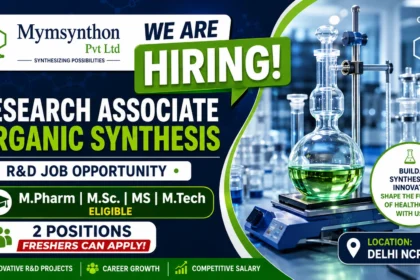 Mymsynthon Research Associate Recruitment 2026 thumbnail highlighting Organic Synthesis R&D jobs for M.Pharm and M.Sc. candidates with laboratory glassware and hiring announcement.