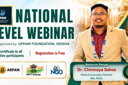 YouTube thumbnail for the National Level Webinar by UPHAR Foundation Odisha featuring Dr. Chinmaya Sahoo, Medical Education Director, IMA India. The design includes the UPHAR Foundation logo, webinar branding, speaker portrait, and a clean professional background.