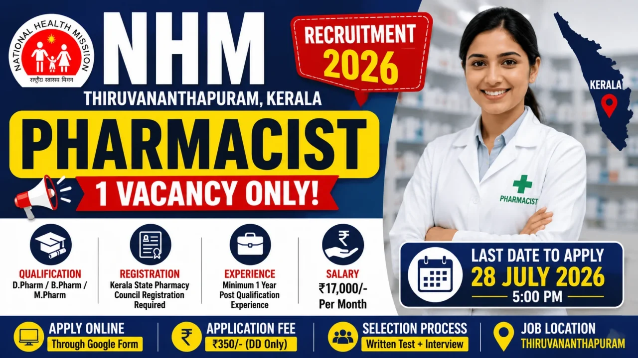 NHM Pharmacist Recruitment 2026 thumbnail featuring one Pharmacist vacancy in Thiruvananthapuram, Kerala, salary ₹17,000 per month, eligibility for D.Pharm, B.Pharm, M.Pharm candidates, and last date 28 July 2026.