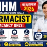 NHM Pharmacist Recruitment 2026 thumbnail featuring one Pharmacist vacancy in Thiruvananthapuram, Kerala, salary ₹17,000 per month, eligibility for D.Pharm, B.Pharm, M.Pharm candidates, and last date 28 July 2026.