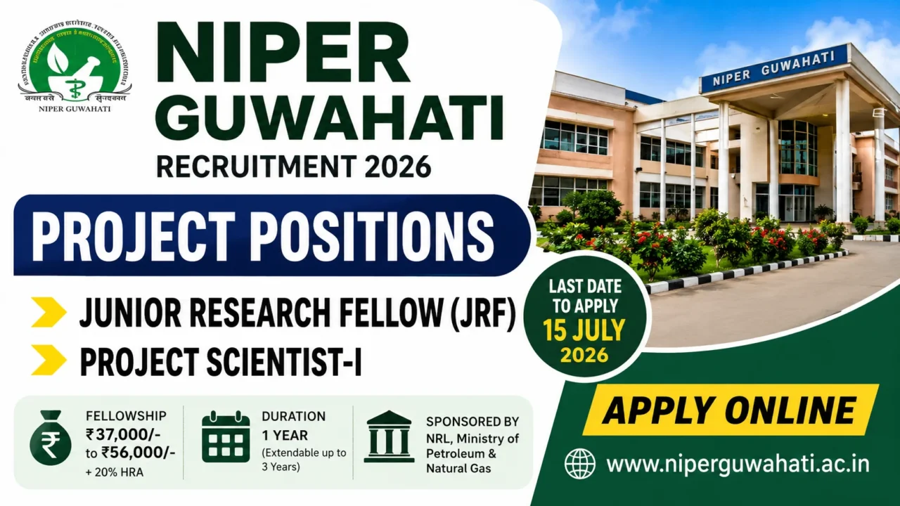 NIPER Guwahati Recruitment 2026 thumbnail featuring Junior Research Fellow (JRF) and Project Scientist-I project positions with institute building background.