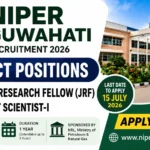 NIPER Guwahati Recruitment 2026 thumbnail featuring Junior Research Fellow (JRF) and Project Scientist-I project positions with institute building background.