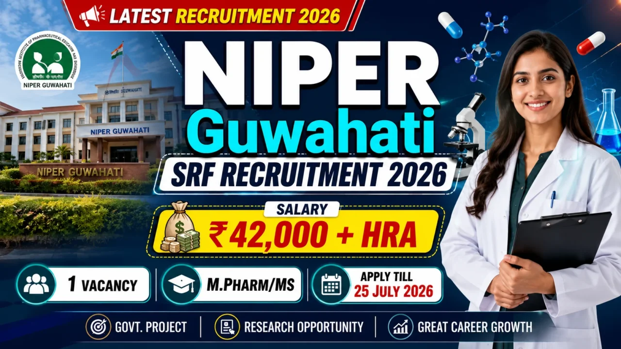 NIPER Guwahati SRF Recruitment 2026 YouTube thumbnail featuring NIPER campus, pharmacist, ₹42,000 + HRA salary, 1 vacancy, M.Pharm/MS eligibility, and last date 25 July 2026.