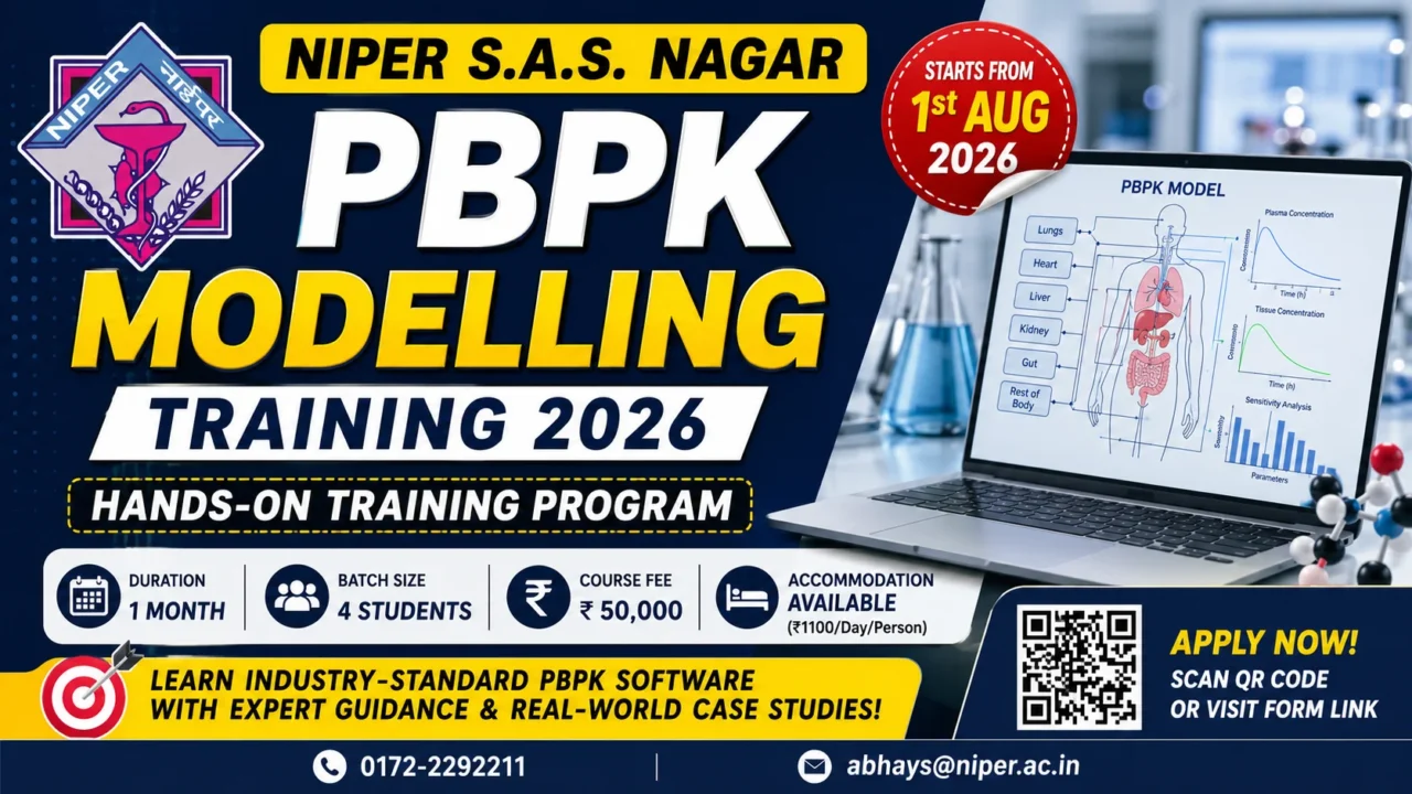 NIPER PBPK Modelling Training 2026 hands-on software training program at NIPER S.A.S. Nagar featuring course fee, duration, batch size, and registration details.