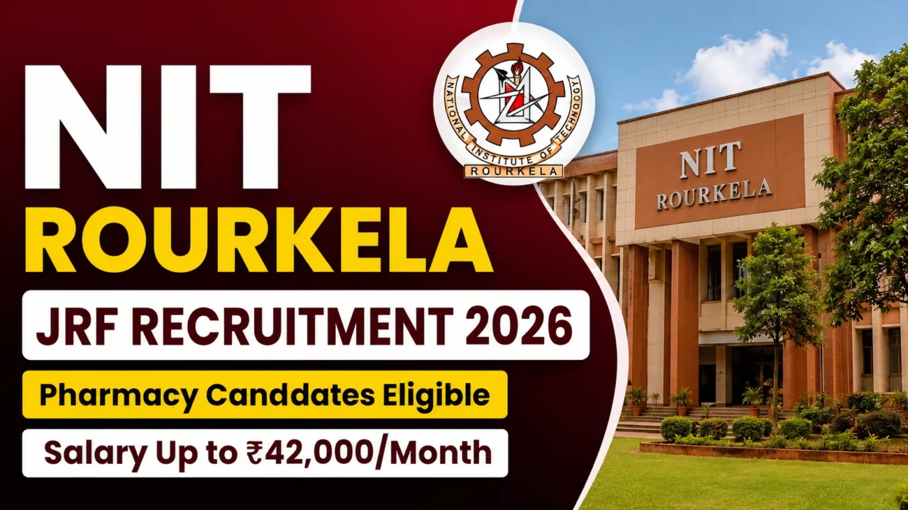 YouTube thumbnail for NIT Rourkela JRF Recruitment 2026 featuring the NIT Rourkela campus, institute logo, and bold text highlighting Pharmacy candidates' eligibility with a salary up to ₹42,000 per month.