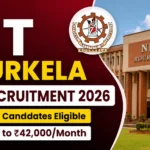 YouTube thumbnail for NIT Rourkela JRF Recruitment 2026 featuring the NIT Rourkela campus, institute logo, and bold text highlighting Pharmacy candidates' eligibility with a salary up to ₹42,000 per month.