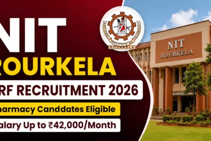 YouTube thumbnail for NIT Rourkela JRF Recruitment 2026 featuring the NIT Rourkela campus, institute logo, and bold text highlighting Pharmacy candidates' eligibility with a salary up to ₹42,000 per month.