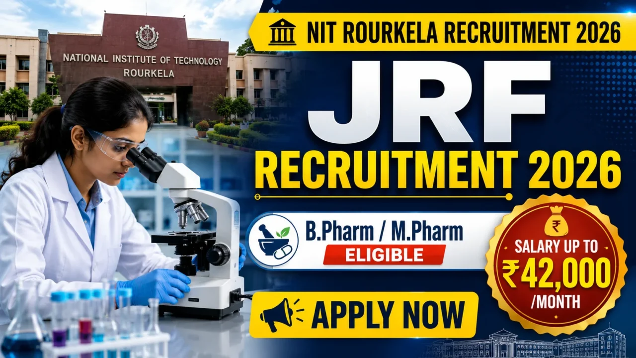 NIT Rourkela JRF Recruitment 2026 thumbnail featuring B.Pharm and M.Pharm eligibility with salary up to ₹42,000 per month.