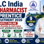 NLC India Pharmacist Apprentice Recruitment 2026 thumbnail showing B.Pharm and Diploma Pharmacist apprentice vacancies, stipend up to ₹12,524 per month, and online application details.