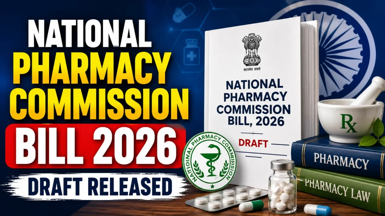 Eye-catching YouTube thumbnail announcing the National Pharmacy Commission Bill 2026 Draft Released, featuring the draft bill document, pharmacy books, medicine bottle, tablets, mortar and pestle, and pharmacy symbols on a professional blue background.